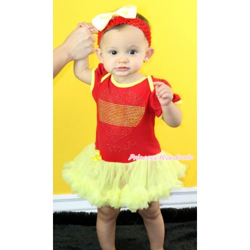 World Cup Spain Red Baby Bodysuit Jumpsuit Yellow Pettiskirt With Sparkle Crystal Bling Rhinestone Spain Heart Print With Red Headband Yellow Satin Bow JS3419